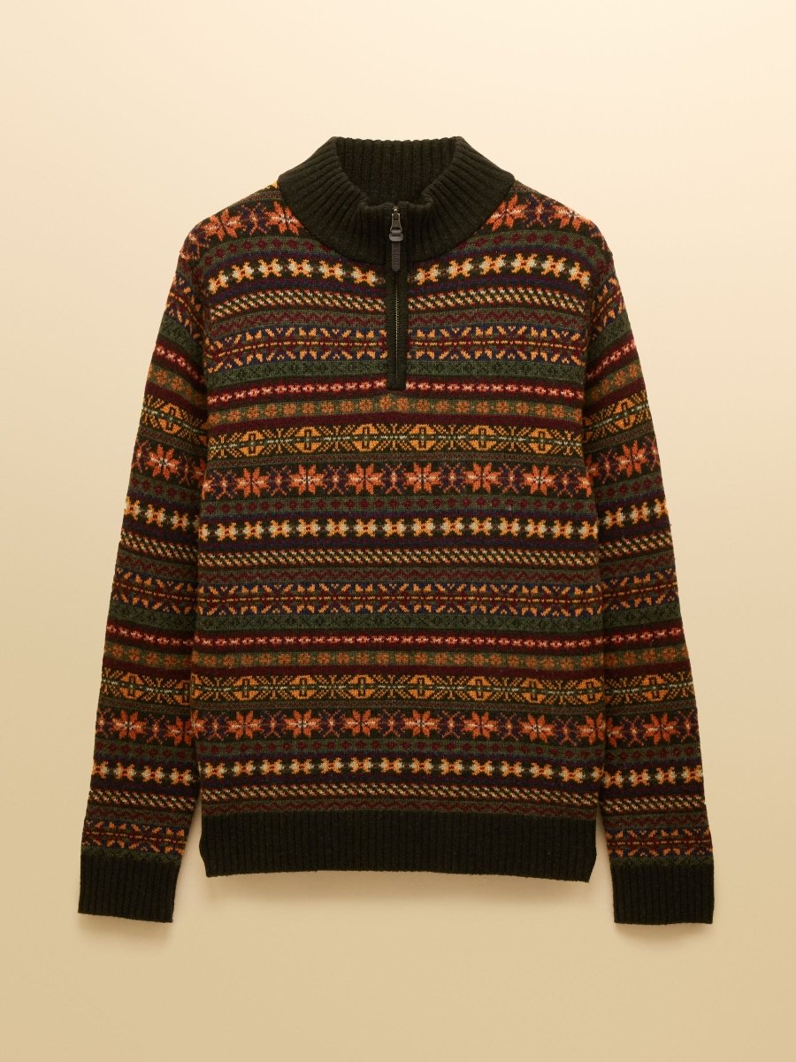 Milligan Wool - Rich Green Quarter Zip Fair Isle Jumper - RUTHERFORD & Co