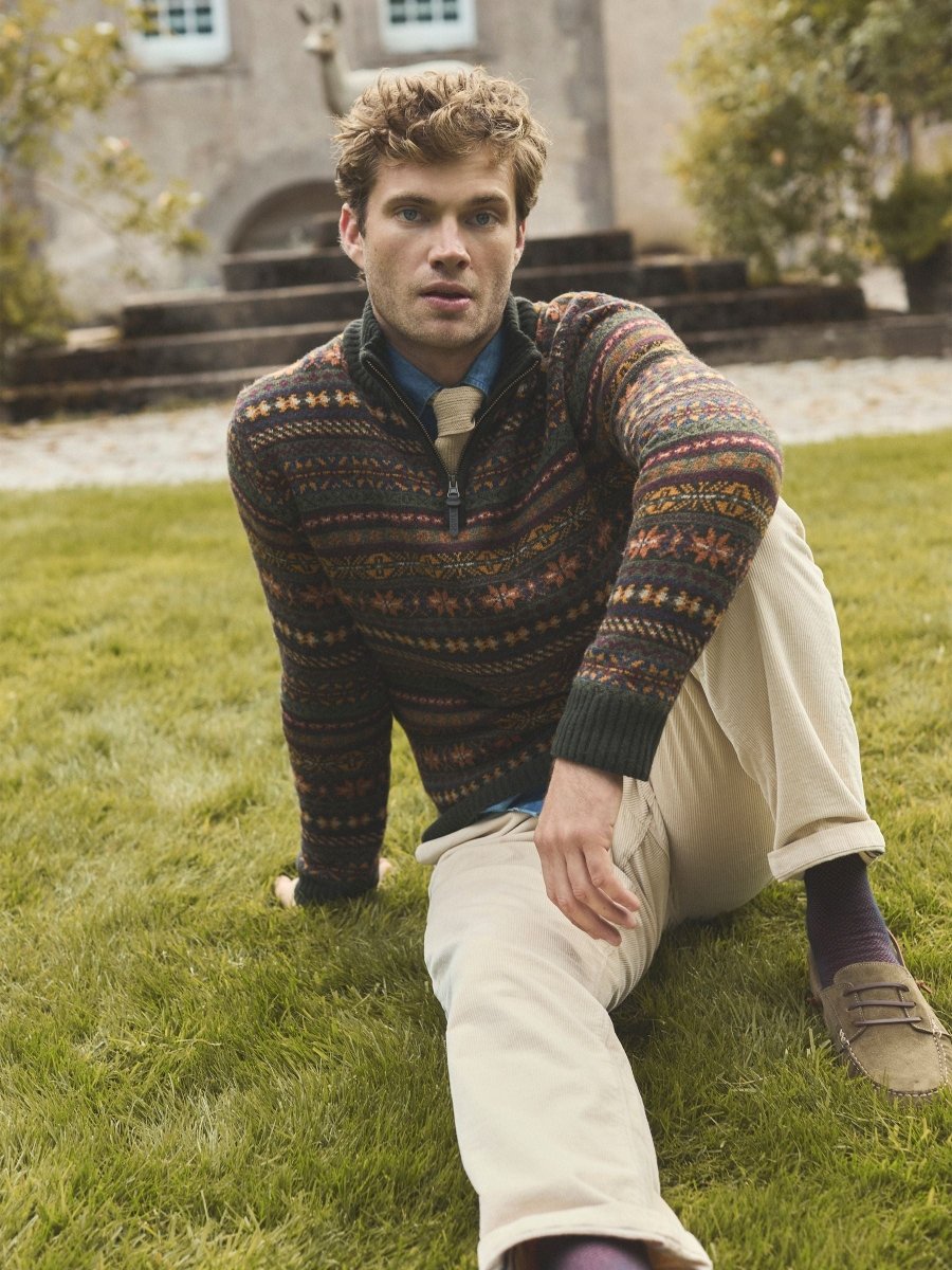 Milligan Wool - Rich Green Quarter Zip Fair Isle Jumper - RUTHERFORD & Co