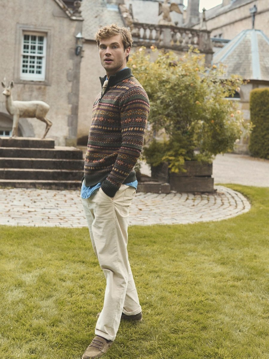 Milligan Wool - Rich Green Quarter Zip Fair Isle Jumper - RUTHERFORD & Co