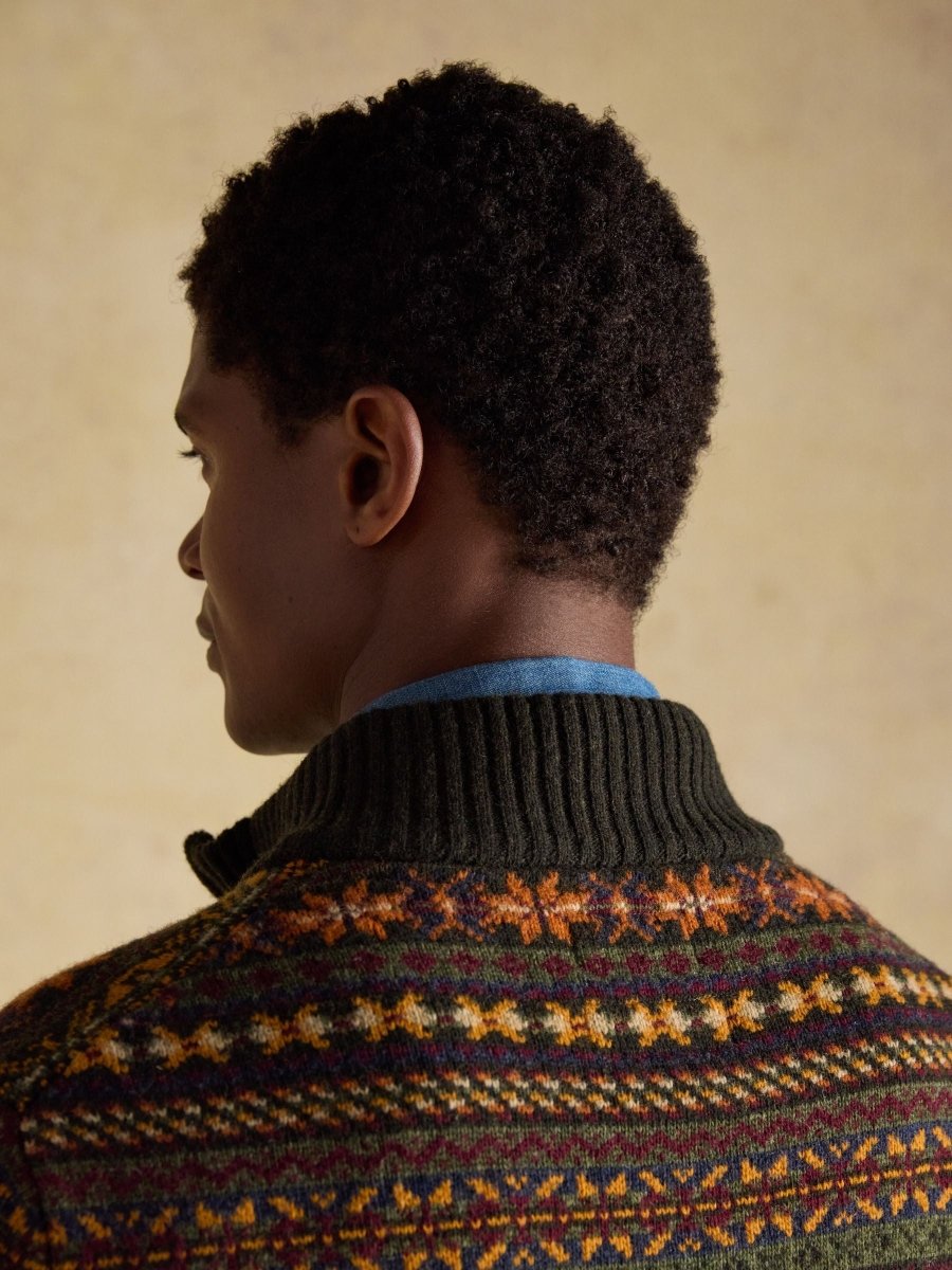 Milligan Wool - Rich Green Quarter Zip Fair Isle Jumper - RUTHERFORD & Co