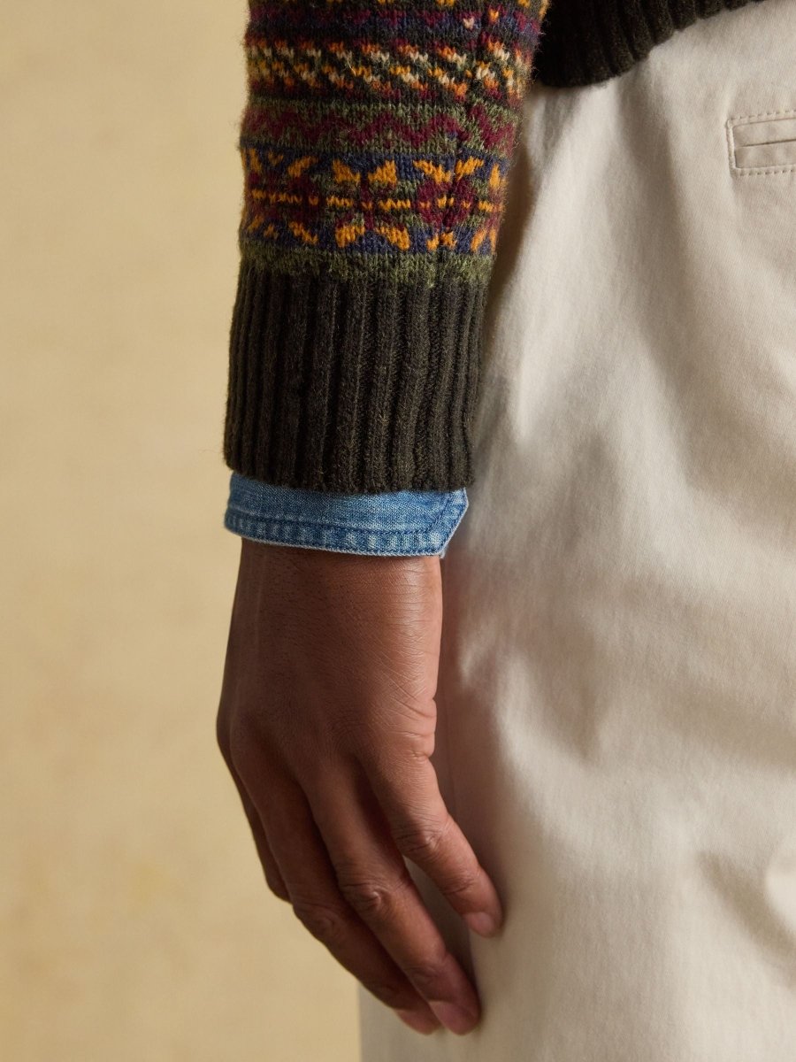 Milligan Wool - Rich Green Quarter Zip Fair Isle Jumper - RUTHERFORD & Co