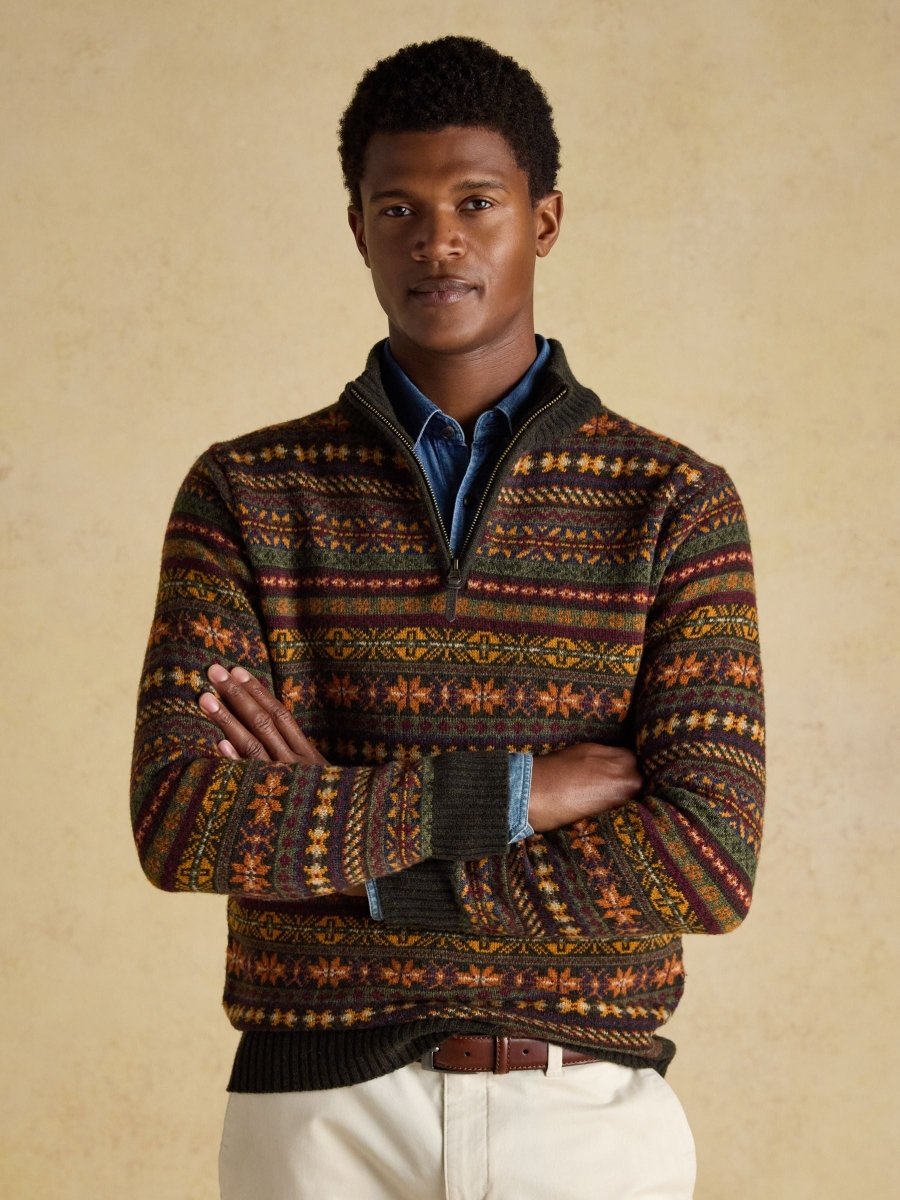 Milligan Wool - Rich Green Quarter Zip Fair Isle Jumper - RUTHERFORD & Co