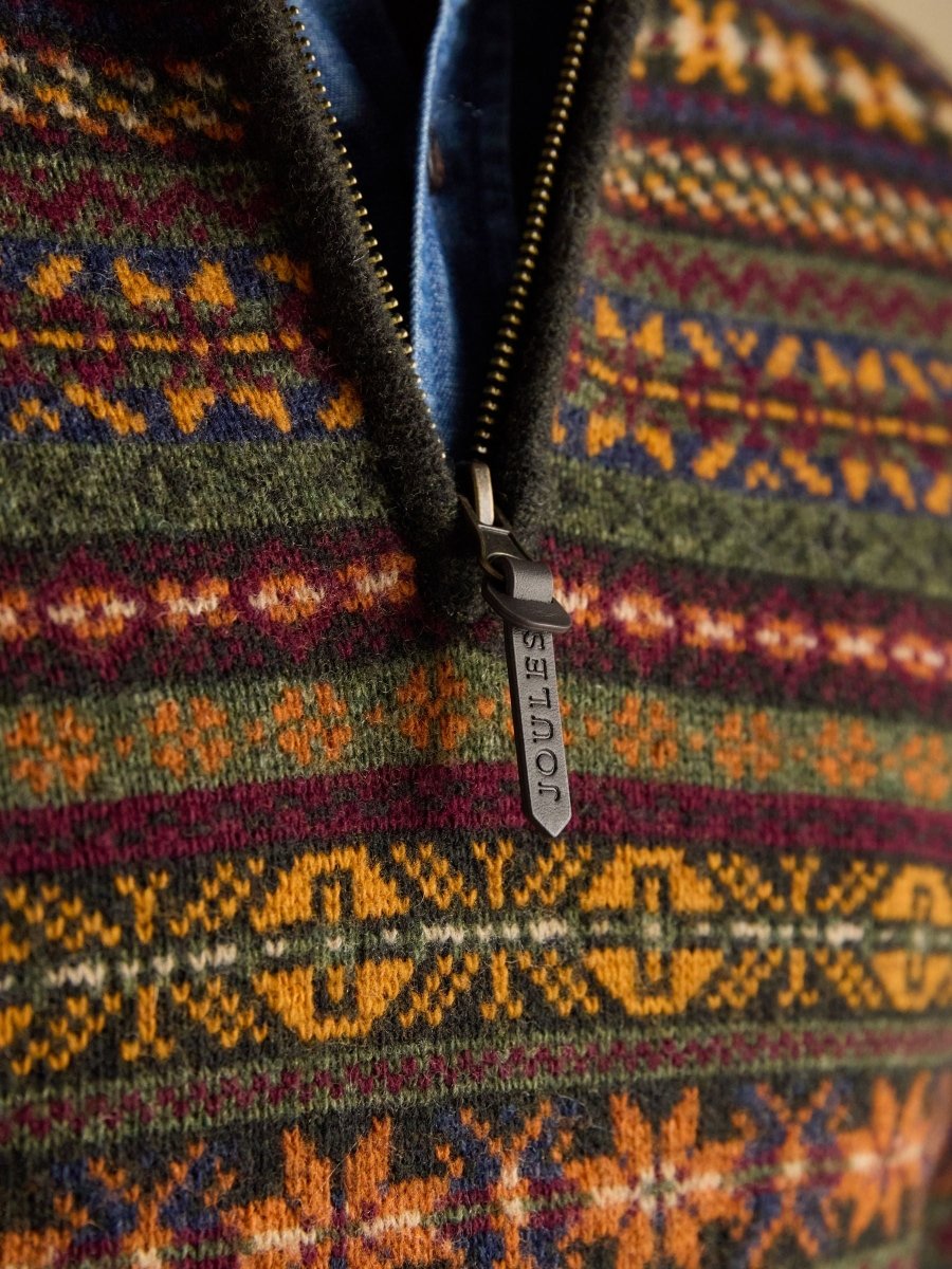 Milligan Wool - Rich Green Quarter Zip Fair Isle Jumper - RUTHERFORD & Co