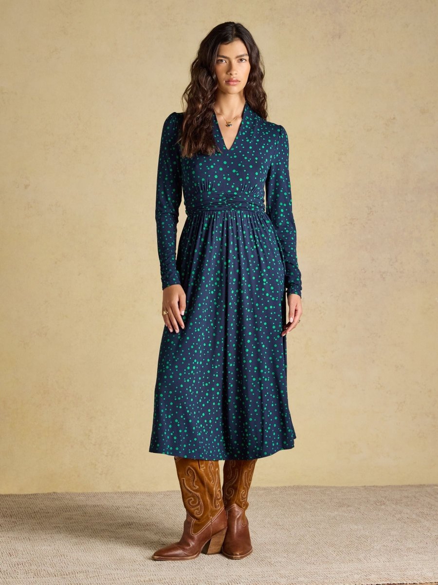 Mina Blue/Green Spot Jersey V Neck Ruched Waist Midi Dress - RUTHERFORD & Co