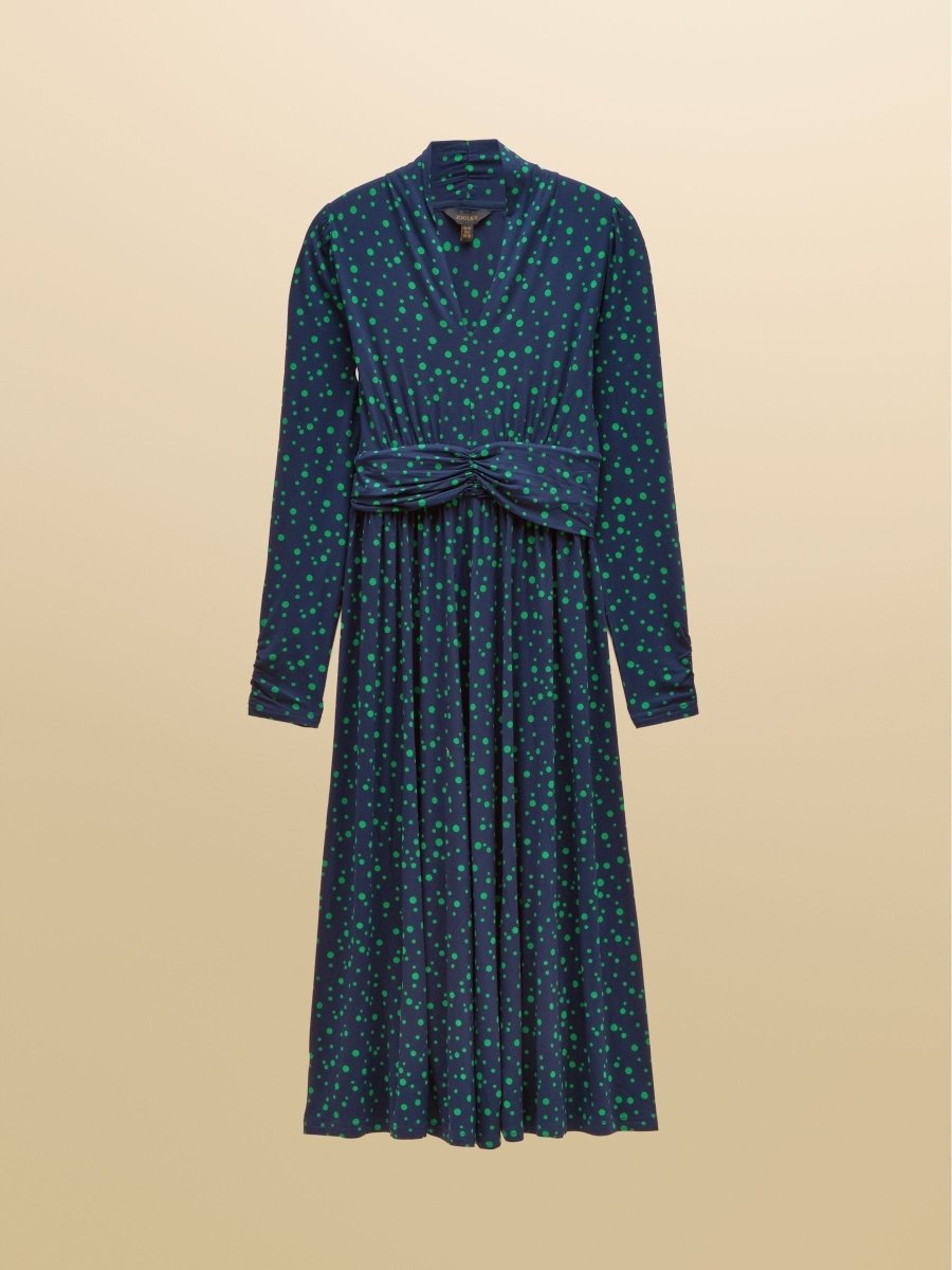 Mina Blue/Green Spot Jersey V Neck Ruched Waist Midi Dress - RUTHERFORD & Co