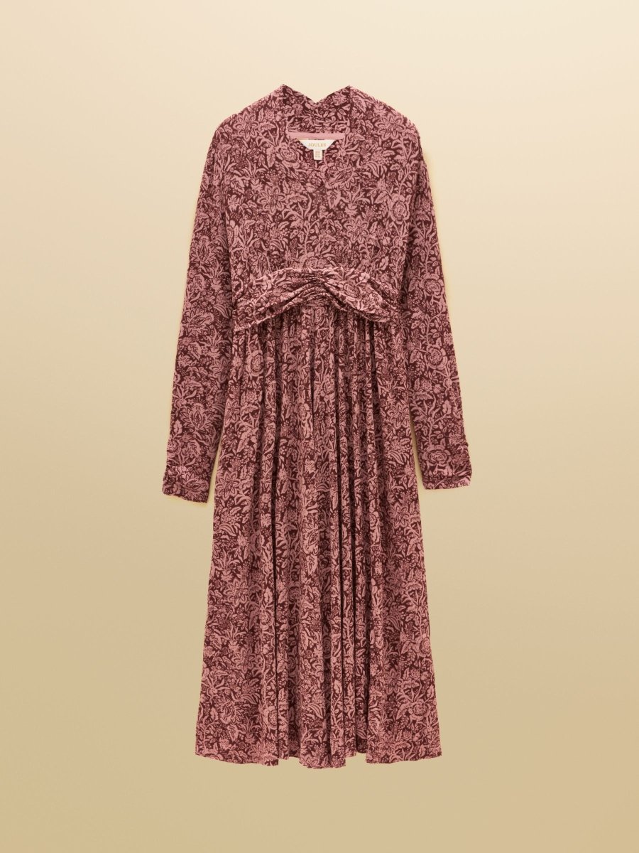 Mina Brown Jersey V Neck Ruched Waist Midi Dress - RUTHERFORD & Co