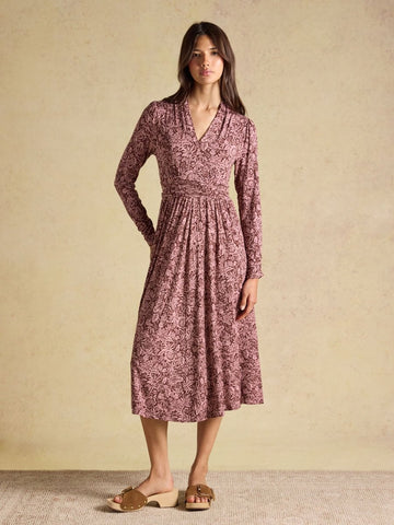 Mina Brown Jersey V Neck Ruched Waist Midi Dress - RUTHERFORD & Co