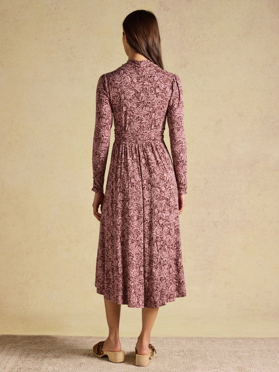 Mina Brown Jersey V Neck Ruched Waist Midi Dress - RUTHERFORD & Co