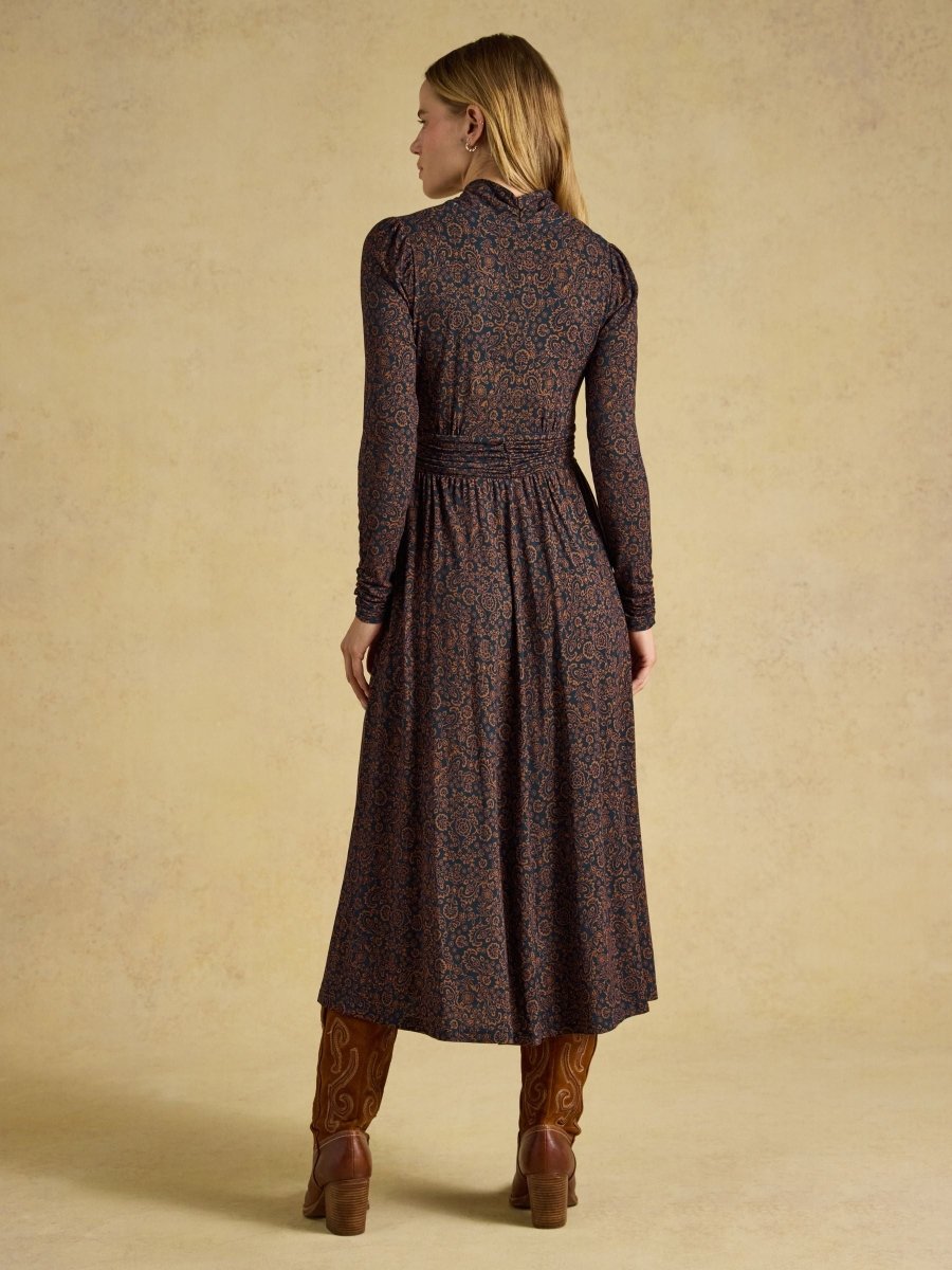 Mina Navy Floral Jersey V Neck Ruched Waist Midi Dress - RUTHERFORD & Co