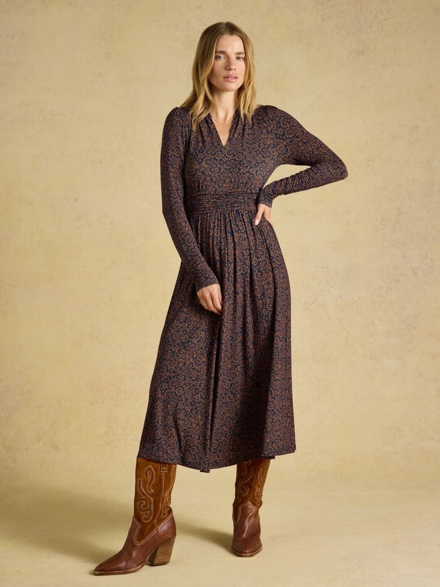 Mina Navy Floral Jersey V Neck Ruched Waist Midi Dress - RUTHERFORD & Co