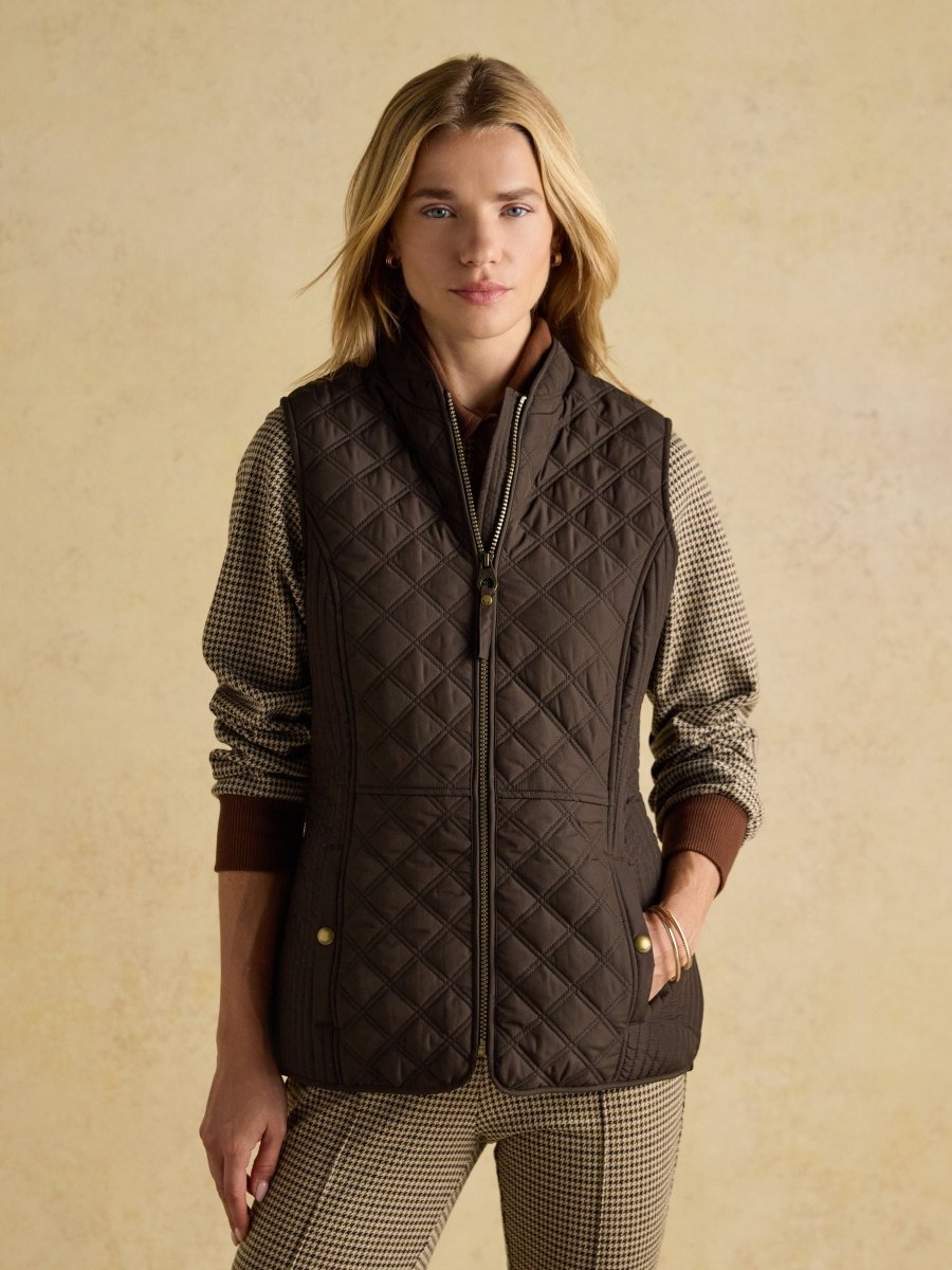 Minx Brown Showerproof Diamond Quilted Gilet with Adjustable Waist - RUTHERFORD & Co