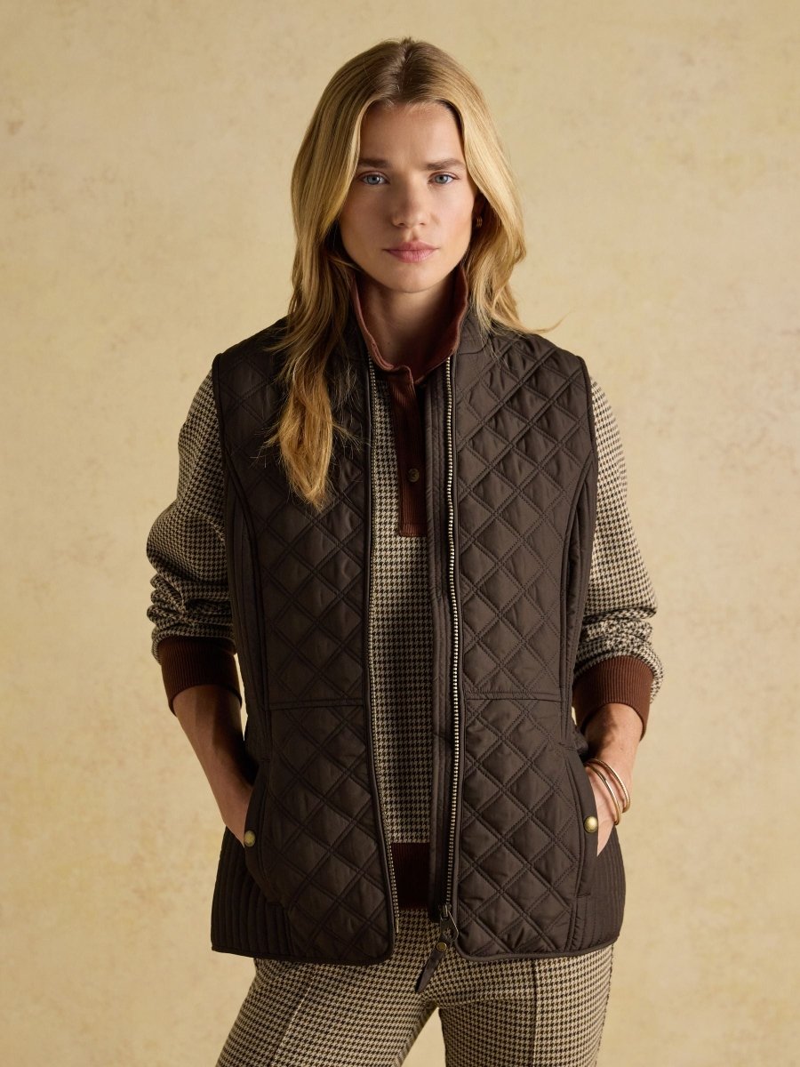 Minx Brown Showerproof Diamond Quilted Gilet with Adjustable Waist - RUTHERFORD & Co