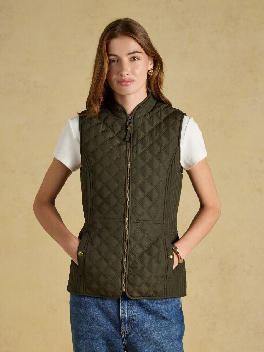 Minx Khaki Green Showerproof Diamond Quilted Gilet - RUTHERFORD & Co