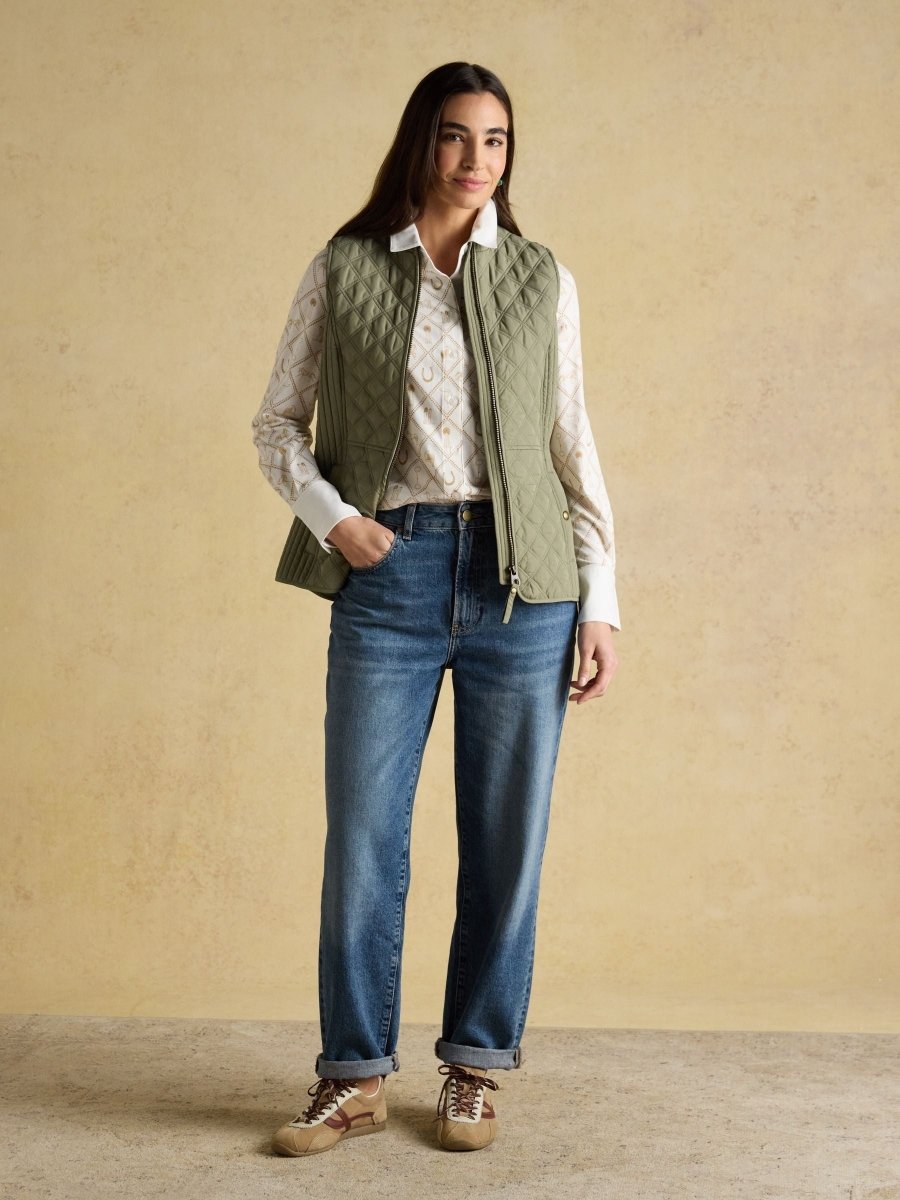 Minx Sage Green Showerproof Diamond Quilted Gilet - RUTHERFORD & Co