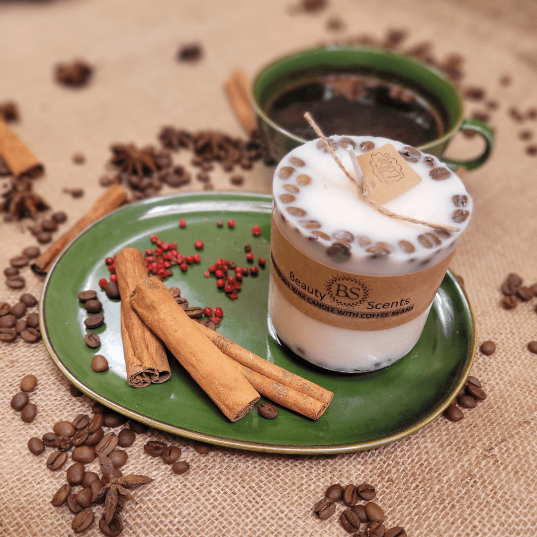 Natural Wax Candles W Coffee Beans Vanilla & Coffee 8x7.5cm - RUTHERFORD & Co