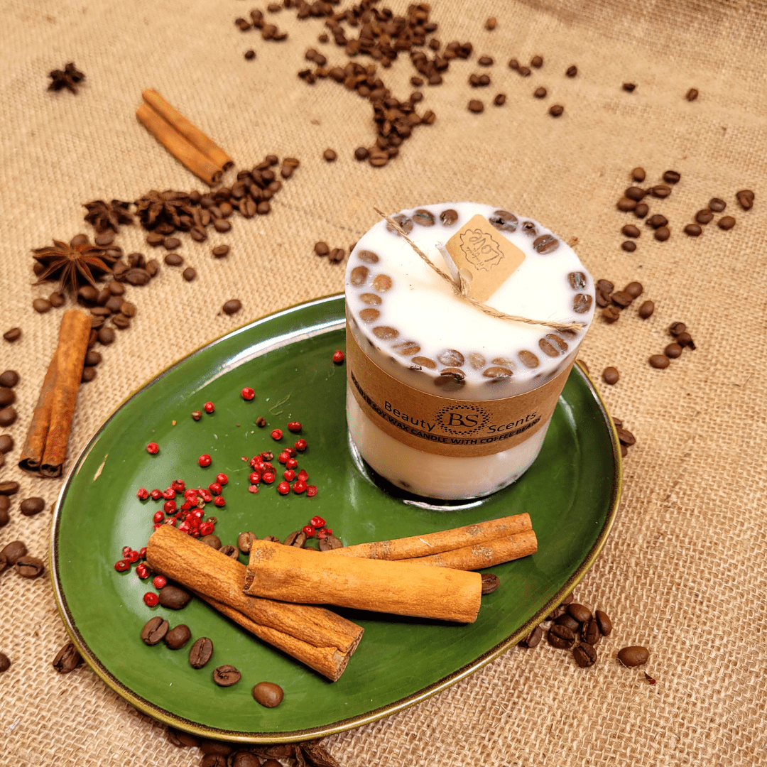 Natural Wax Candles W Coffee Beans Vanilla & Coffee 8x7.5cm - RUTHERFORD & Co