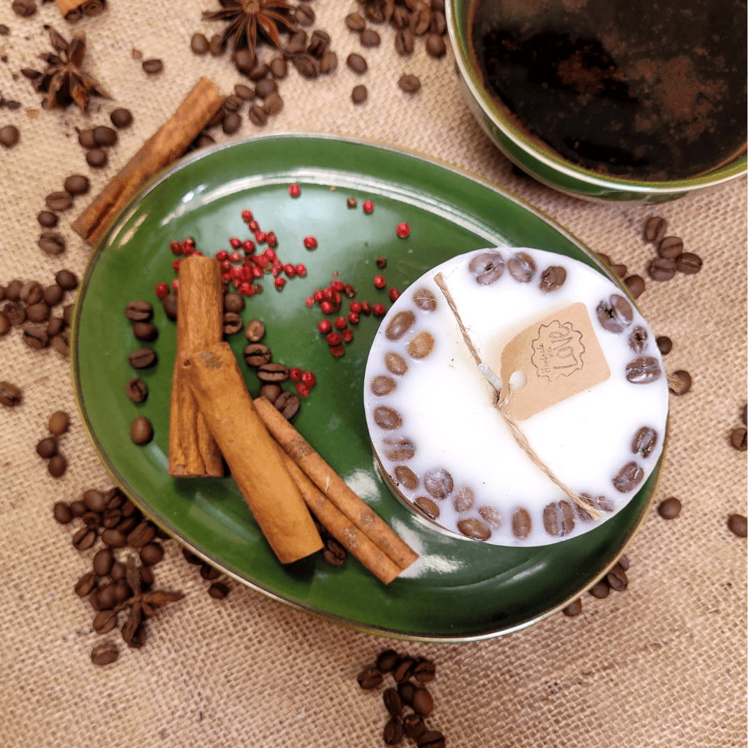 Natural Wax Candles W Coffee Beans Vanilla & Coffee 8x7.5cm - RUTHERFORD & Co