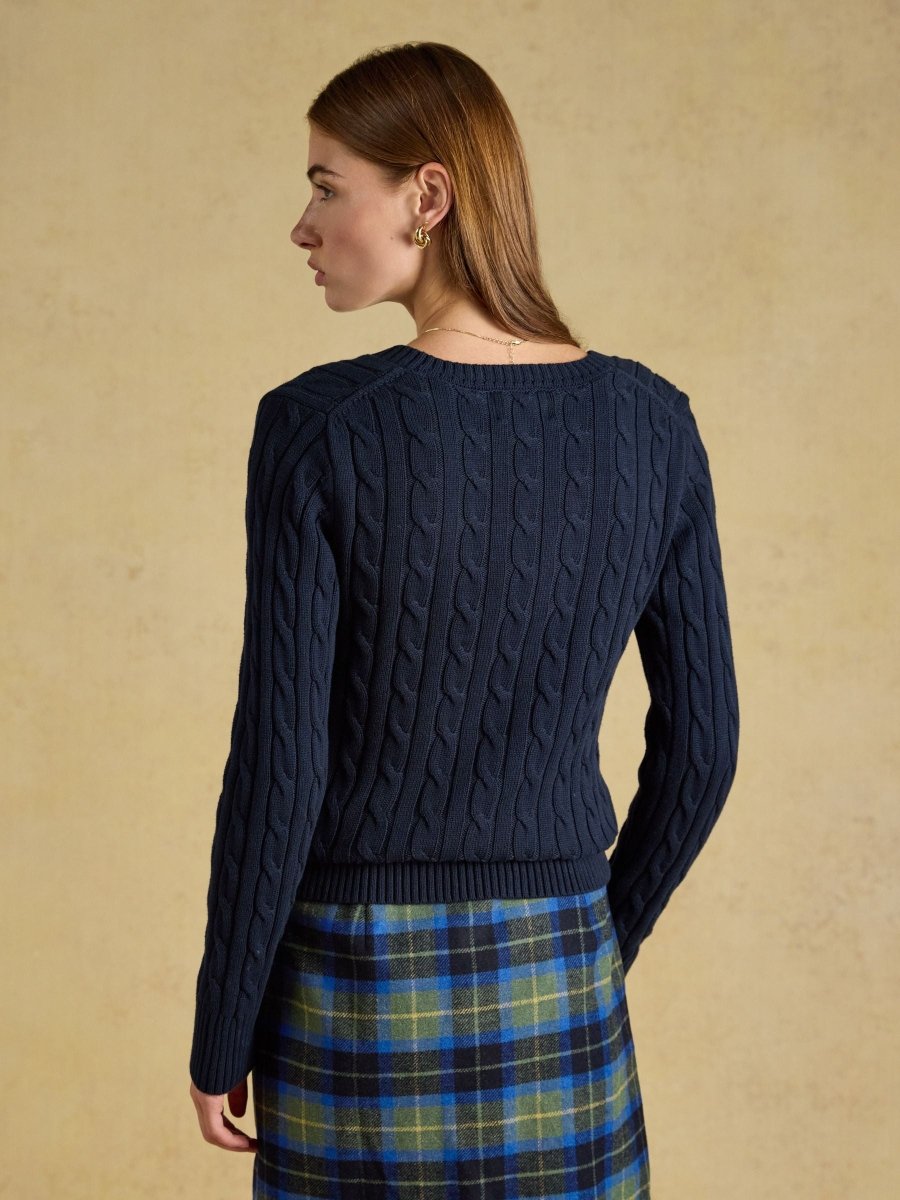 Navy Classic V-Neck Cotton Cable Knit Jumper - RUTHERFORD & Co