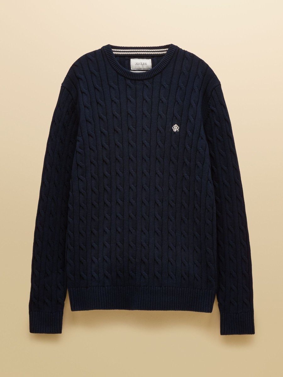 Navy Crew Neck Cotton Cable Knit Jumper - RUTHERFORD & Co
