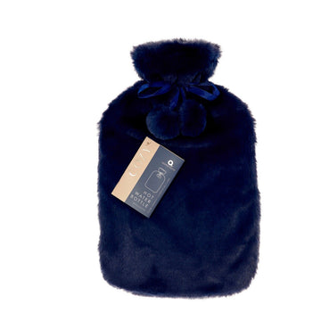 Navy Faux Fur Pompom 2L Hot Water Bottle - RUTHERFORD & Co