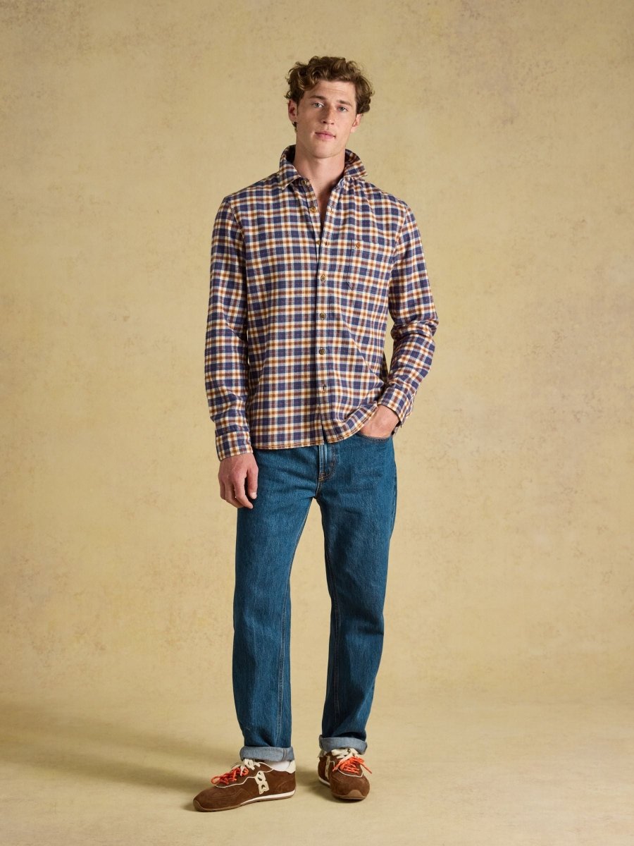 Navy Long Sleeve Heavyweight Brushed Flannel Shirt - RUTHERFORD & Co