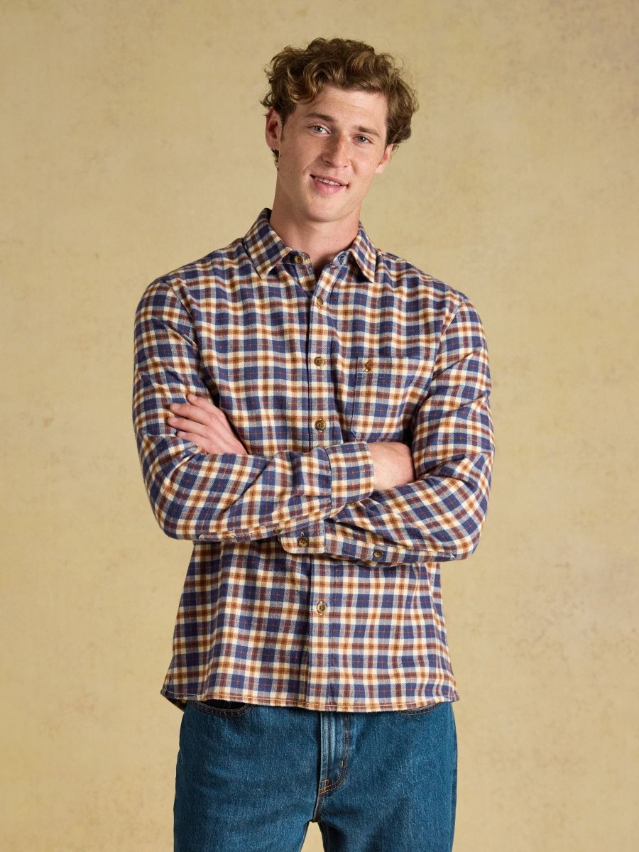 Navy Long Sleeve Heavyweight Brushed Flannel Shirt - RUTHERFORD & Co