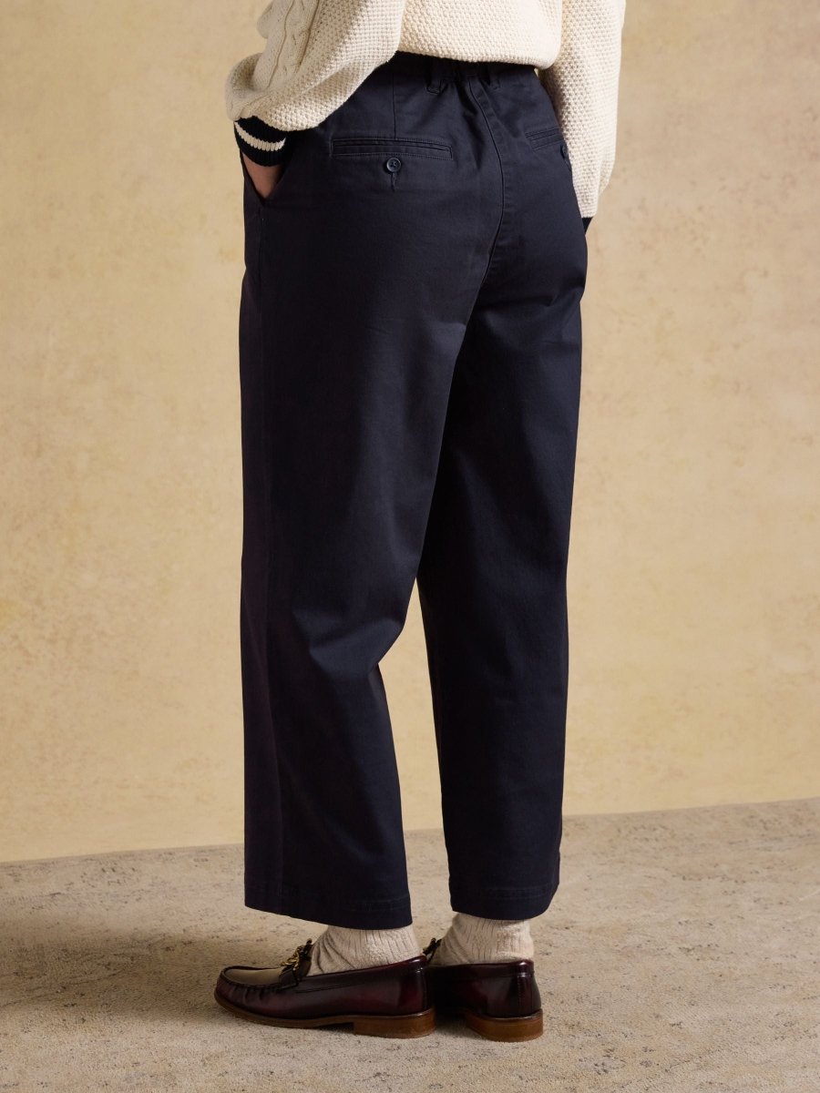 Navy Wide Leg Cropped Chino Trousers with Elasticated Waist - RUTHERFORD & Co