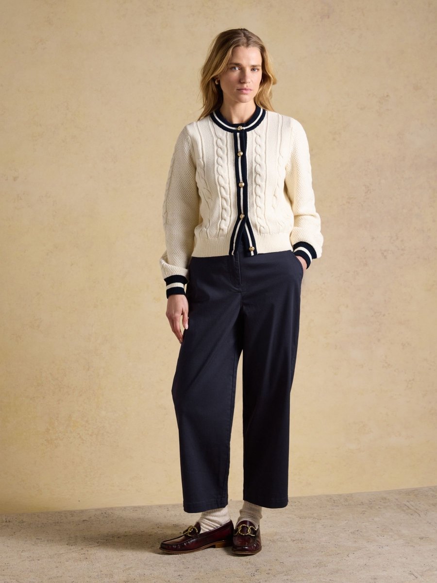 Navy Wide Leg Cropped Chino Trousers with Elasticated Waist - RUTHERFORD & Co