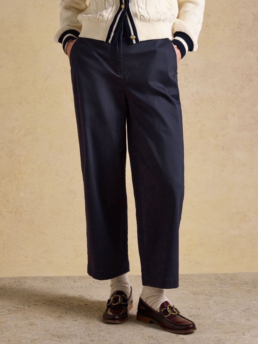 Navy Wide Leg Cropped Chino Trousers with Elasticated Waist - RUTHERFORD & Co