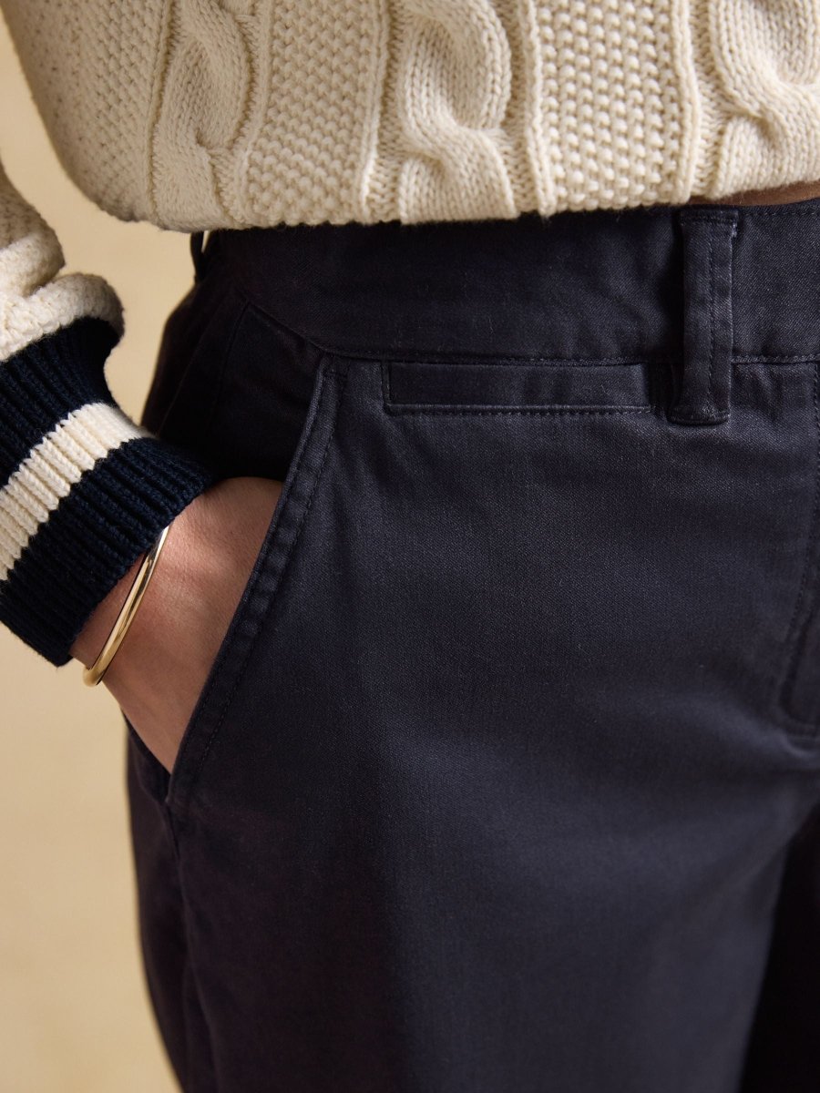 Navy Wide Leg Cropped Chino Trousers with Elasticated Waist - RUTHERFORD & Co