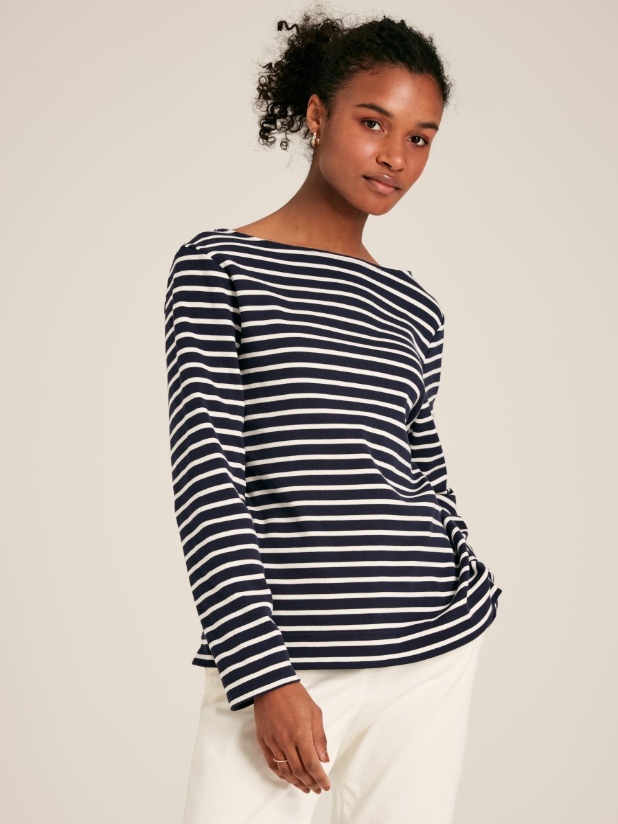 New Harbour Navy Blue Stripe Relaxed Fit Boat Neck Breton Top - RUTHERFORD & Co