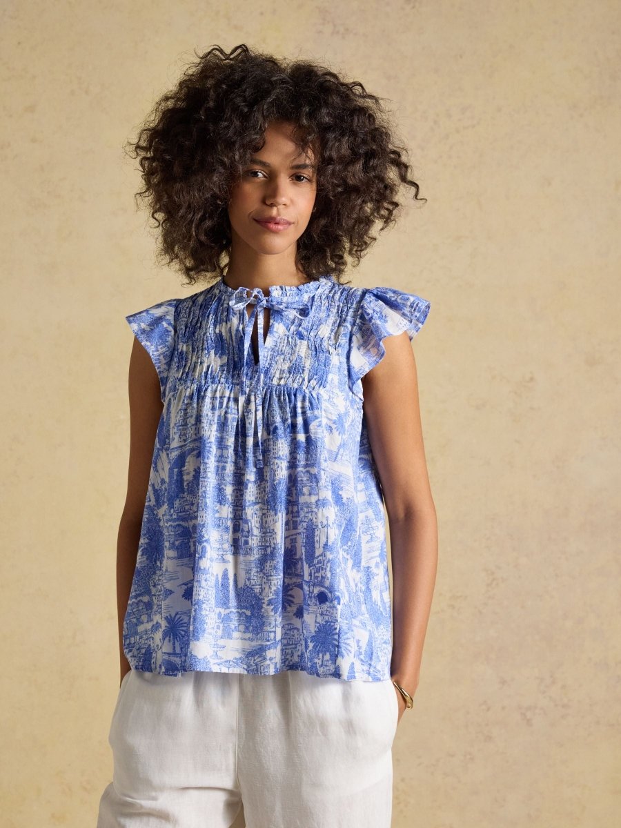 Nolan Blue Toile Sleeveless Tie Neck Blouse - RUTHERFORD & Co