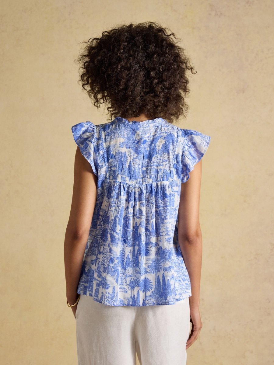 Nolan Blue Toile Sleeveless Tie Neck Blouse - RUTHERFORD & Co