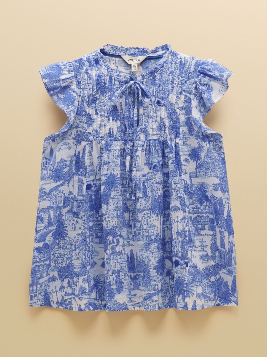 Nolan Blue Toile Sleeveless Tie Neck Blouse - RUTHERFORD & Co