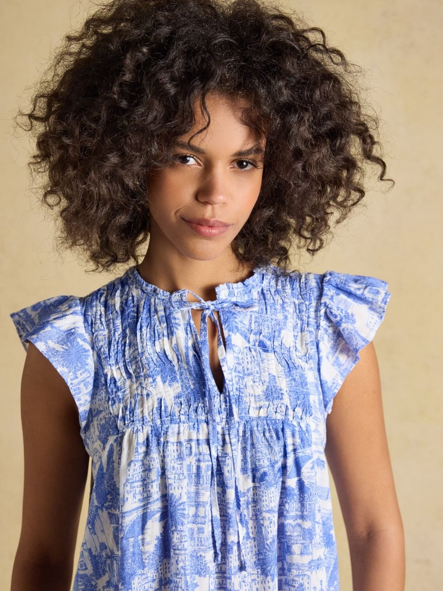 Nolan Blue Toile Sleeveless Tie Neck Blouse - RUTHERFORD & Co