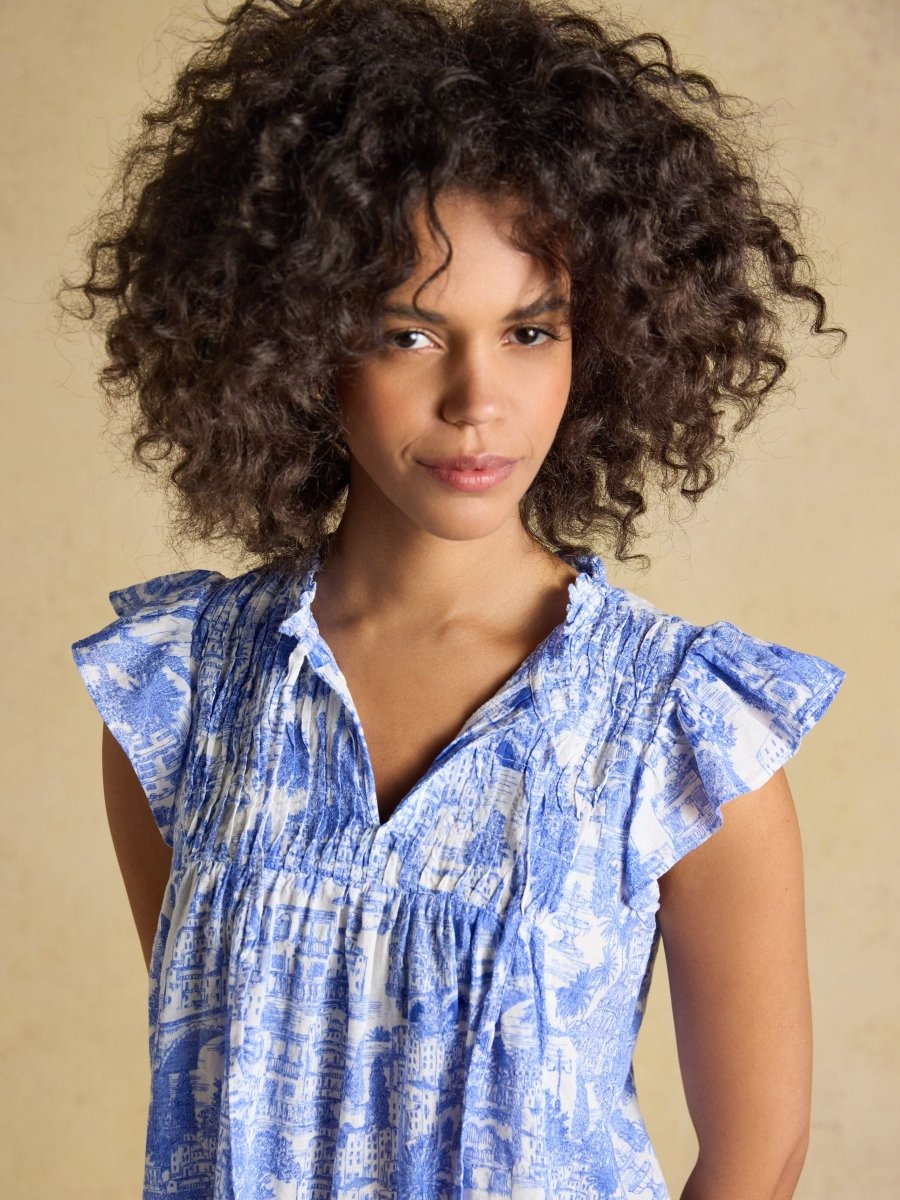 Nolan Blue Toile Sleeveless Tie Neck Blouse - RUTHERFORD & Co