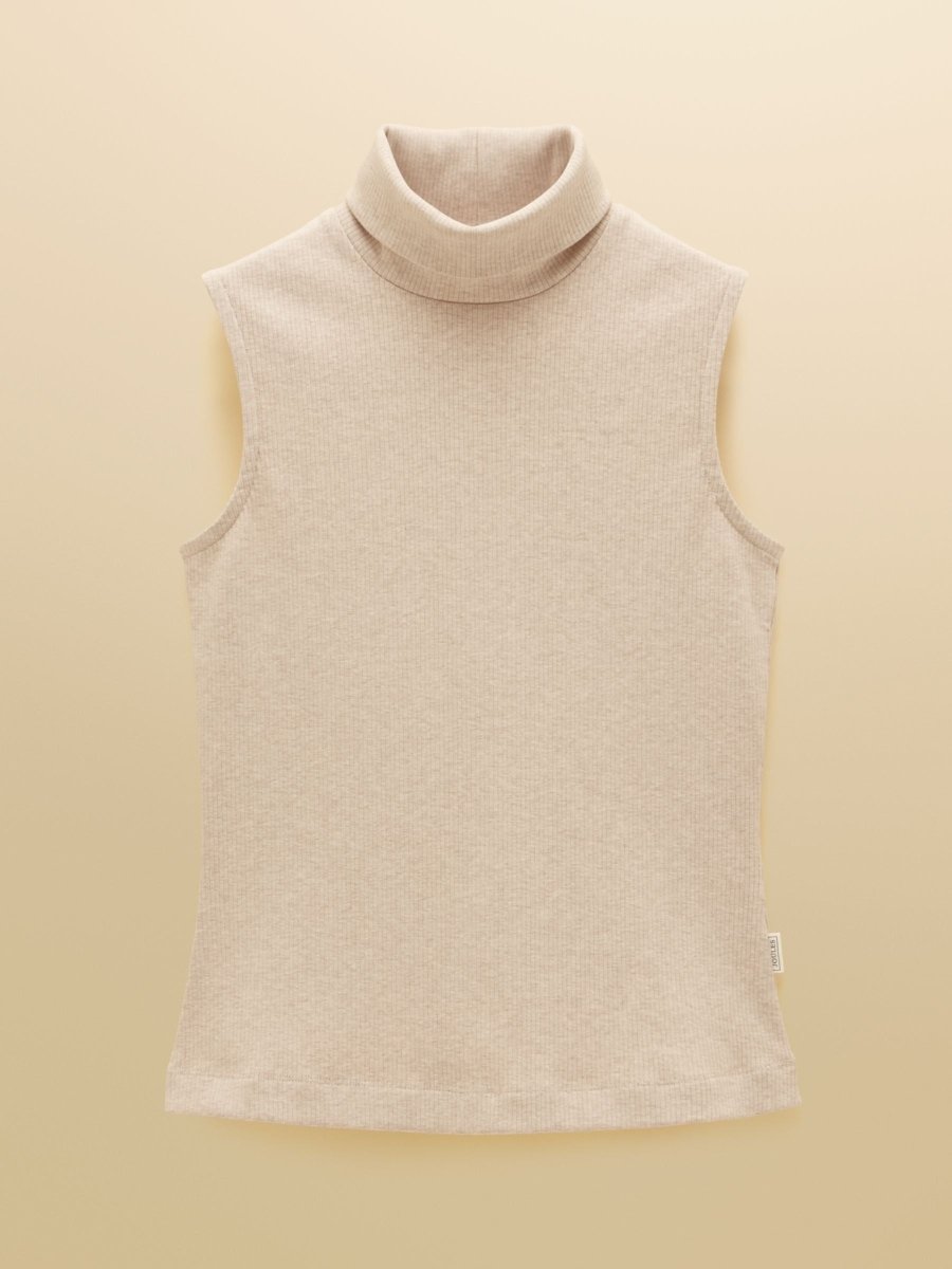Oat Marl Ribbed Cotton Rich Sleeveless Roll Neck - RUTHERFORD & Co