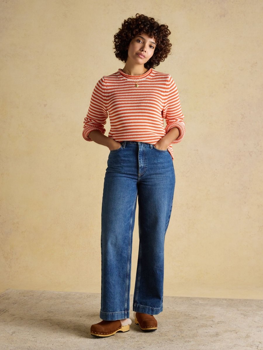 Orange & White Striped Cotton Crew Neck Jumper - RUTHERFORD & Co