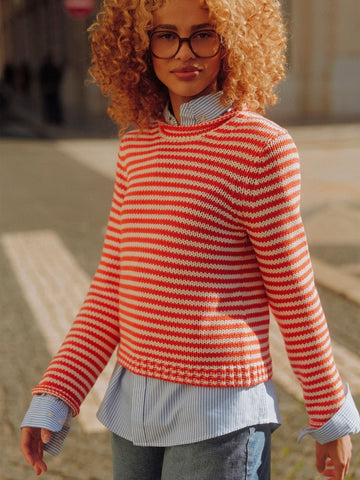 Orange & White Striped Cotton Crew Neck Jumper - RUTHERFORD & Co