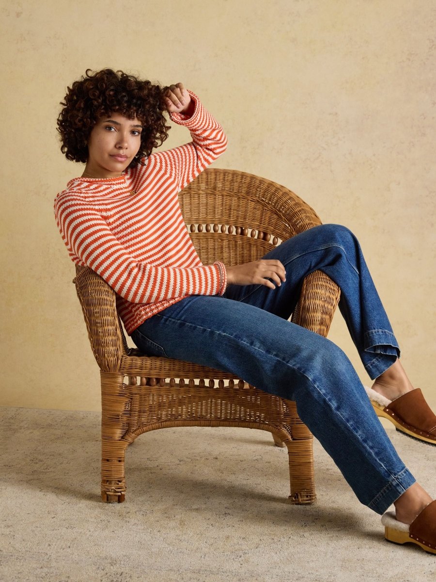 Orange & White Striped Cotton Crew Neck Jumper - RUTHERFORD & Co