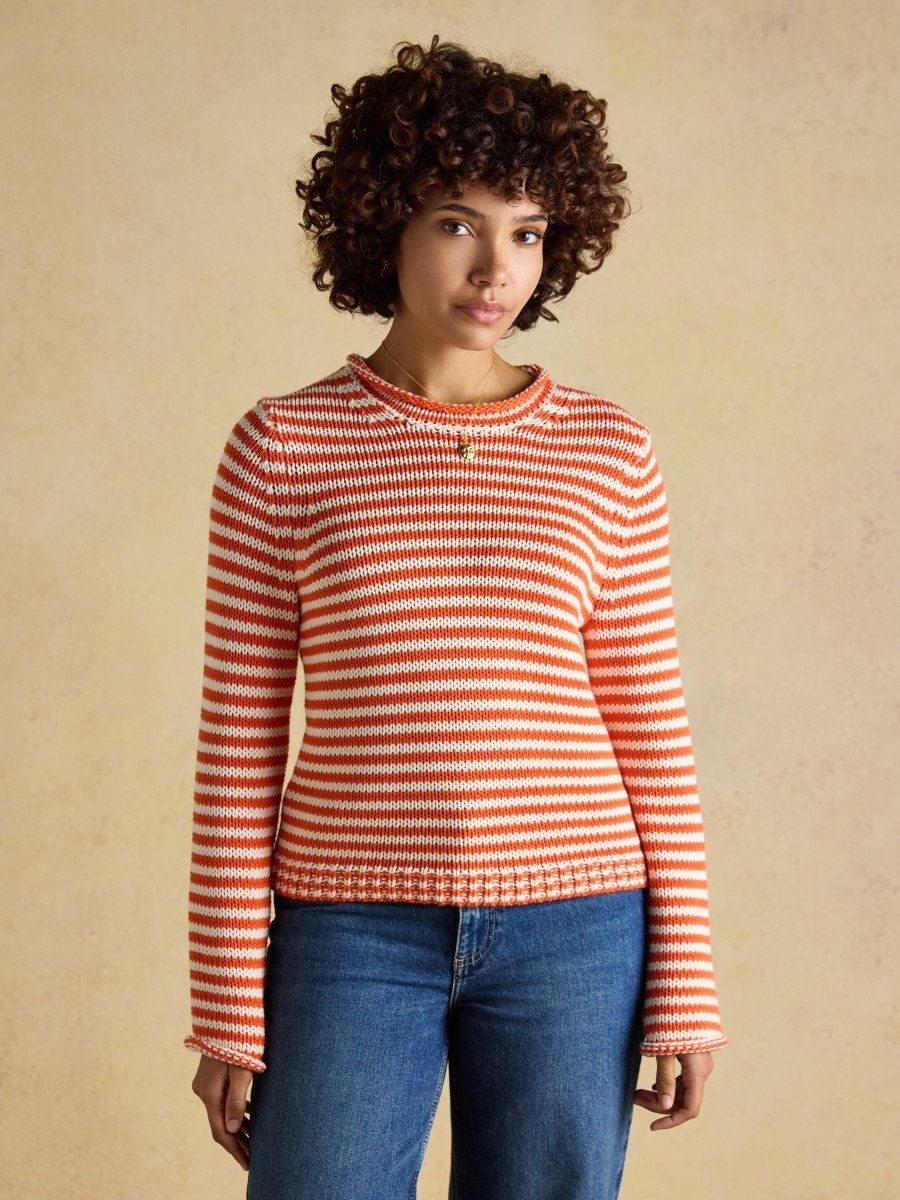 Orange & White Striped Cotton Crew Neck Jumper - RUTHERFORD & Co
