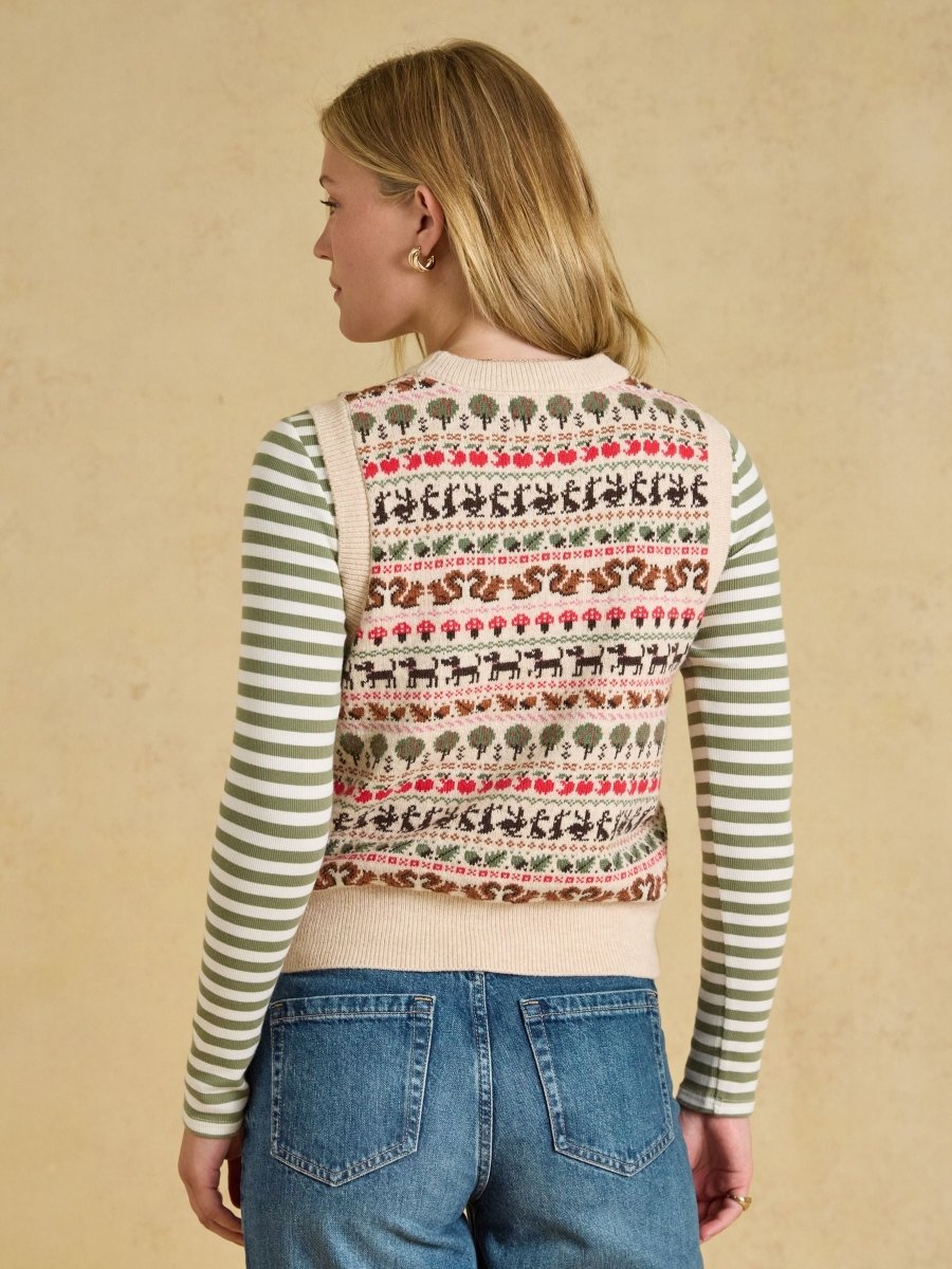 Orchard Pattern Oatmeal Cotton Blend Crew Neck Knitted Vest - RUTHERFORD & Co