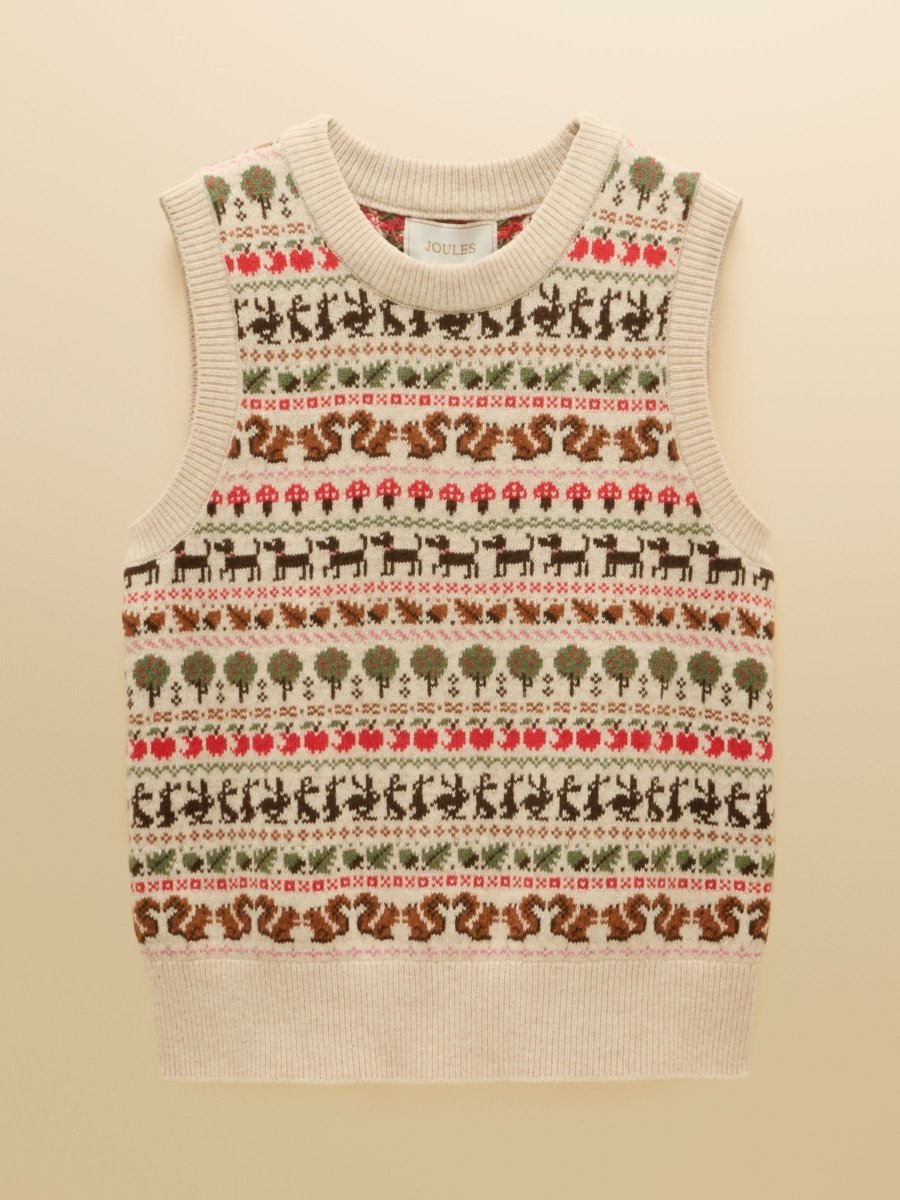 Orchard Pattern Oatmeal Cotton Blend Crew Neck Knitted Vest - RUTHERFORD & Co