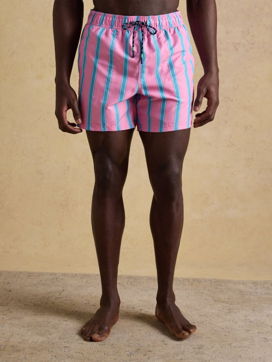 Overton Pink Striped Rugby Style Swim Shorts - RUTHERFORD & Co