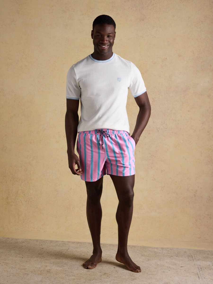 Overton Pink Striped Rugby Style Swim Shorts - RUTHERFORD & Co