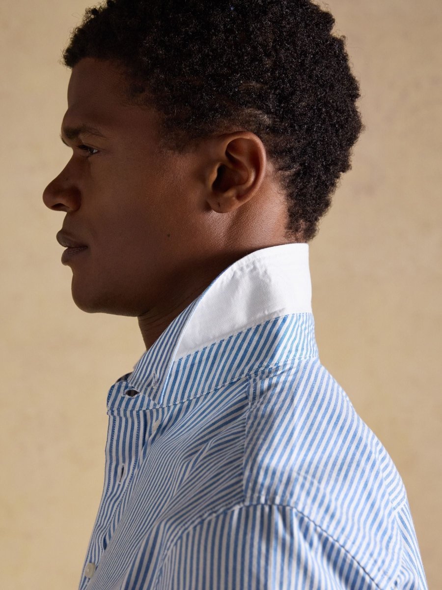 Oxford Blue Stripe Short Sleeve Classic Fit Cotton Shirt - RUTHERFORD & Co