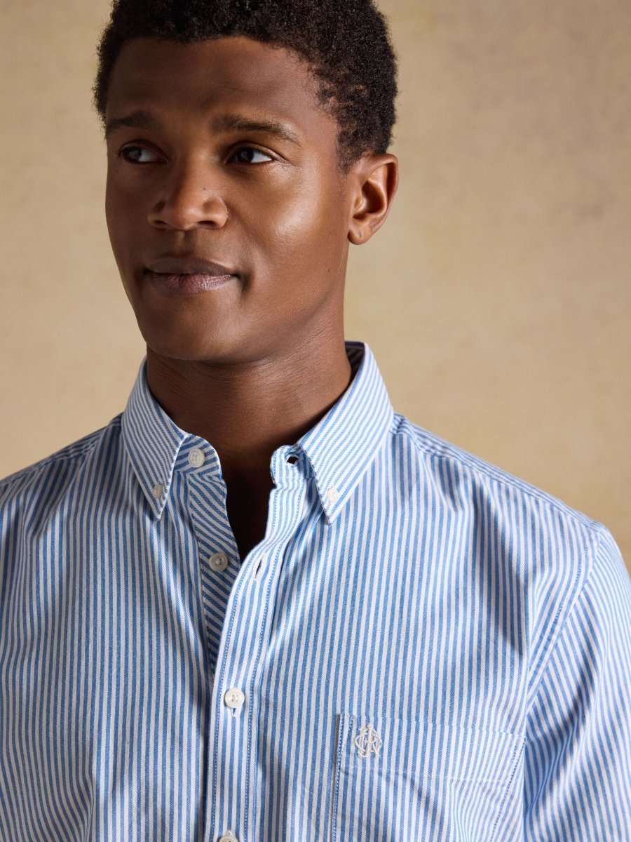 Oxford Blue Stripe Short Sleeve Classic Fit Cotton Shirt - RUTHERFORD & Co
