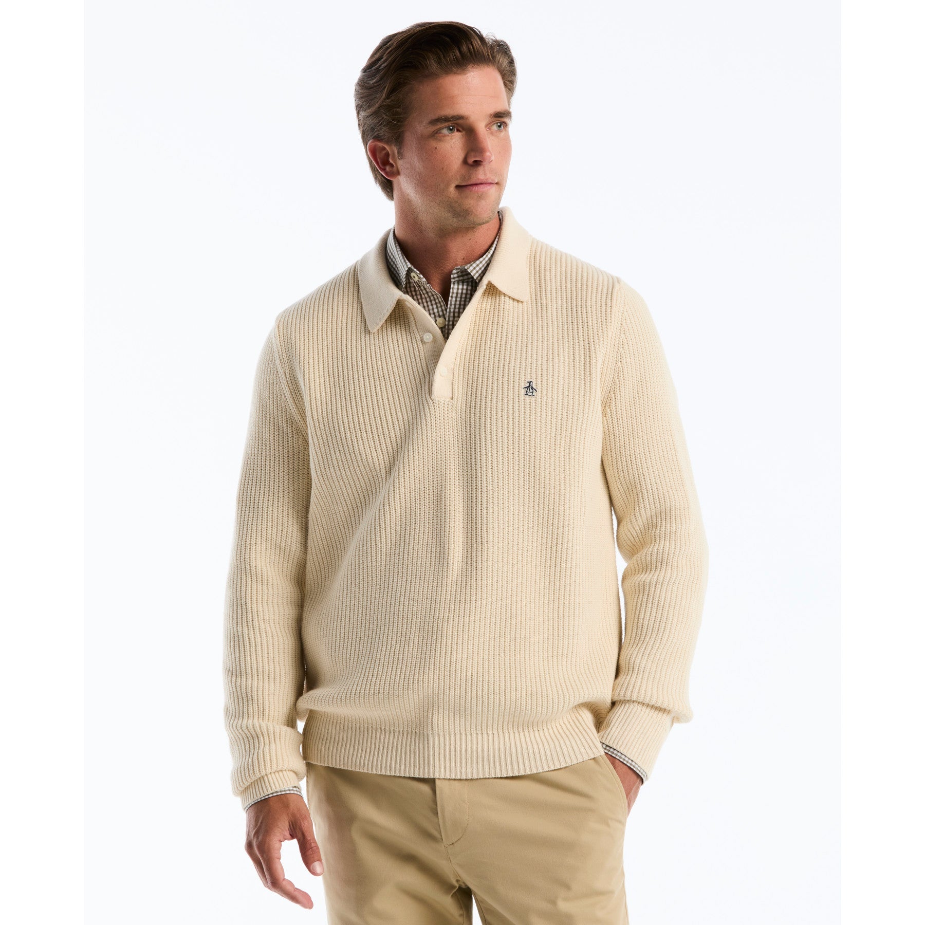 Half Cardigan Long Sleeve Sweater Polo In Birch
