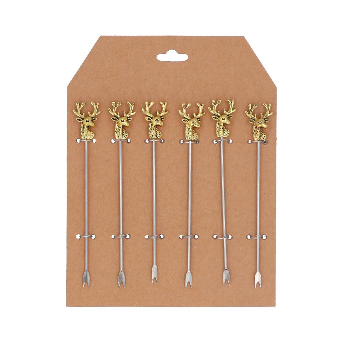 Pack/6 Metal Cocktail Fork 15cm - Gold Stag Head - RUTHERFORD & Co