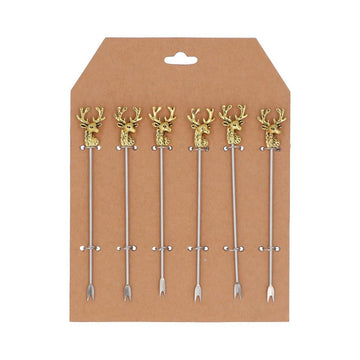 Pack/6 Metal Cocktail Fork 15cm - Gold Stag Head - RUTHERFORD & Co